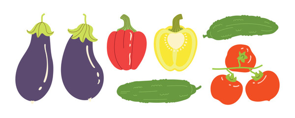 Modern vegetables illustration set with tomatoes, cucumbers, eggplant and sweet pepper. Trendy flat design for e-commerce, retail, or tech projects. Simple vector art for digital use
