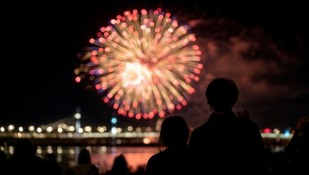 Silhouetted couple watching vibrant fireworks display over illuminated cityscape at night.