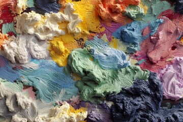 Vibrant abstract painting showing a colorful palette of various thick and layered paints.