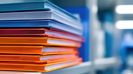 Stacked colorful folders on a shelf in a modern office environment, with blurred background