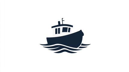 Naklejka premium Simple silhouette of a tugboat on water waves, logo potential