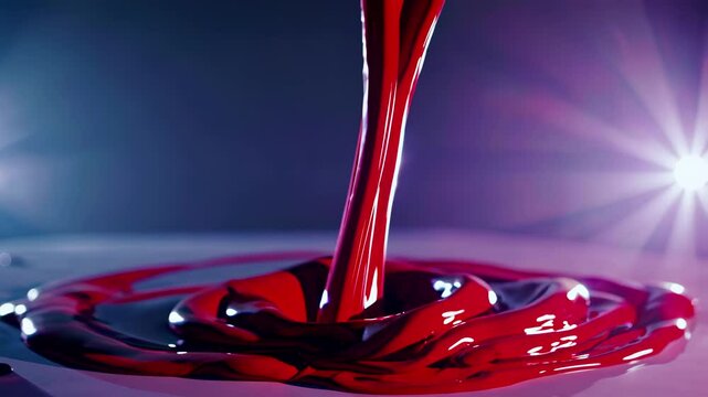 Intense stream of red liquid on purple surface expresses passion, audacity, dynamic motion, concentration, depth, luxury, strong artistic emotion