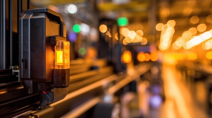 Obraz premium Industrial scene with illuminated safety lights in a factory setting, blurred background