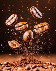 Dynamic scene of Arabica coffee beans bursting through a cloud of coffee grounds mid-air, symbolizing freshness, energy, and bold flavor.