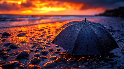 Wet umbrella on a rocky beach during sunset