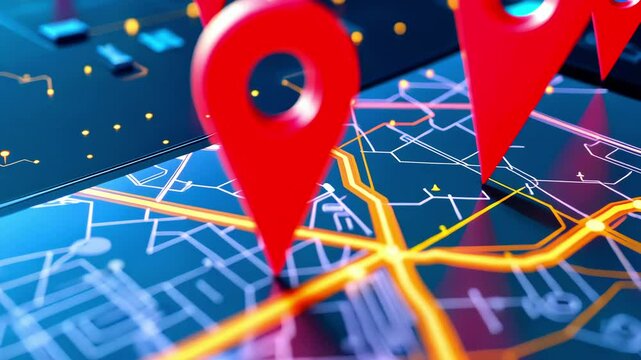 A smartphone displaying a detailed map with multiple location pins, set against a digital backdrop