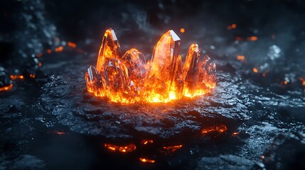 Fototapeta premium 3D rendered molten crystal on dark obsidian platform with embers glowing intensely