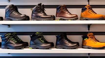 A display of various durable work boots arranged on shelves in a retail store environment