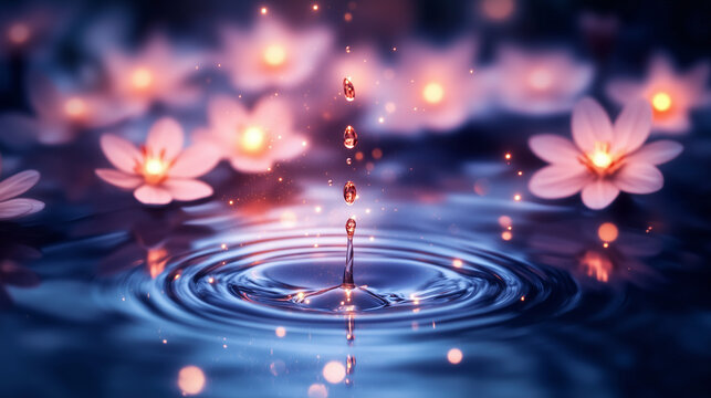 Clear water swirl ripple surface with blooming cherry blossom sakura on dreamy scenery background.	