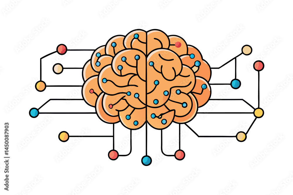 Wall mural kawaii style brain with neural connections and tech elements, representing the world of ai and digit