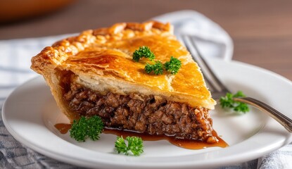 Slice of savory meat pie garnished with parsley, served on a white plate.