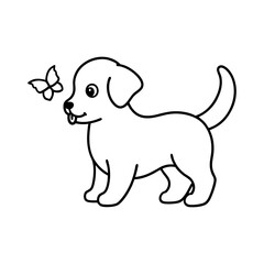 Puppy with Butterfly on Nose Line Illustration
