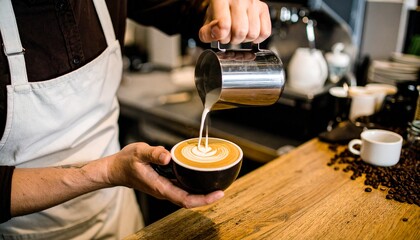 Un experto barista, ataviada con un impecable delantal blanco y una camisa marrón oscuro, se encuentra tras un rústico mostrador de madera en una acogedora cafetería que rebosa calidez. 