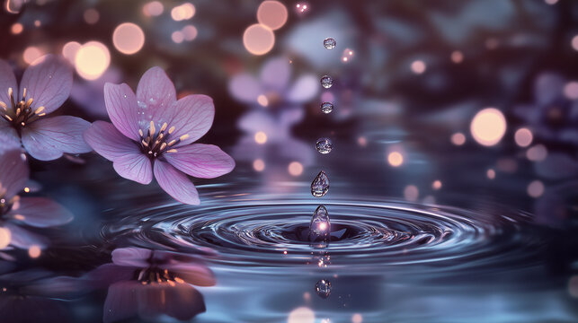 Clear water swirl ripple surface with blooming cherry blossom sakura on dreamy scenery background.	