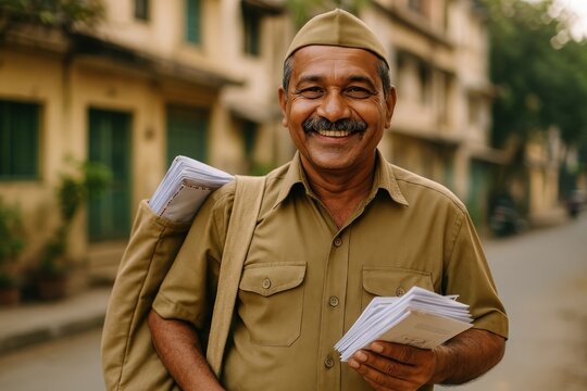 Smiling mailman delivering letters outdoors.