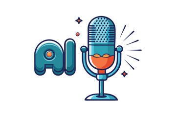 AI powered microphone with sound waves and speech recognition symbol, conveying advanced technology for voice interaction and data processing