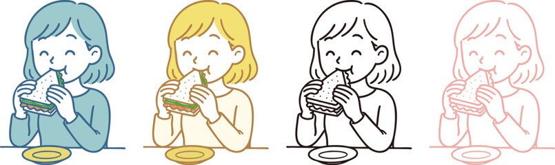 サンドウィッチを食べる女性のイラスト