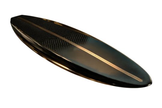 Classic black surfboard with gold stripes on transparent background - Powered by Adobe