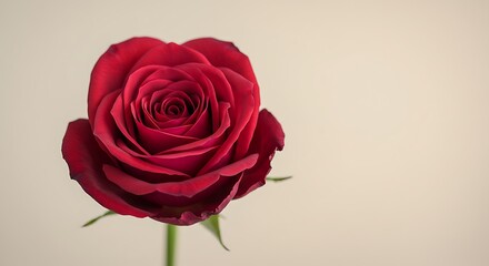 A single red rose with a green stem and leaves against a light beige background in a close up shot