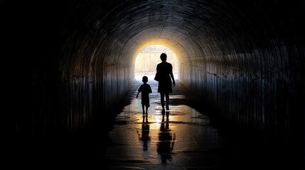 Silhouette of a woman and child walking through a lit tunnel.