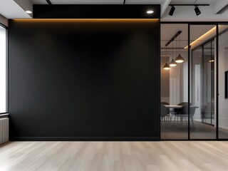 Interior of a modern office space with a black wall and a glass enclosed conference room visible nearby