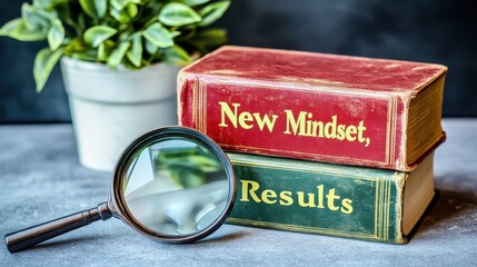 Stacked books on a table, displaying new mindset and results.