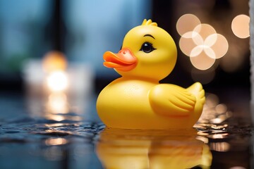 Close-up of a cute little yellow duck toy floating on water in the bathroom at night with copy space