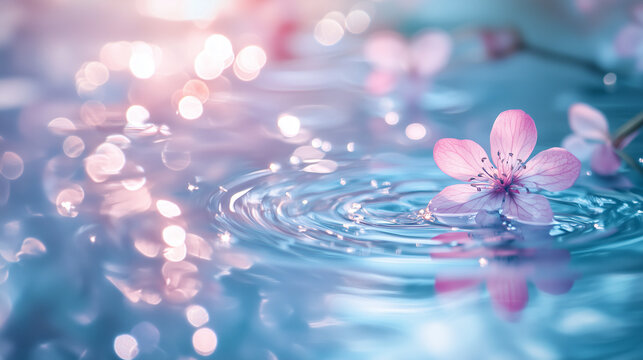 Clear water swirl ripple surface with blooming cherry blossom sakura on dreamy scenery background.	