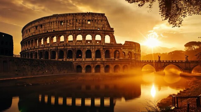 The sun is setting over the Colosseum, creating a beautiful and serene atmosphere. The water in the foreground reflects the orange sky, adding to the overall sense of tranquility