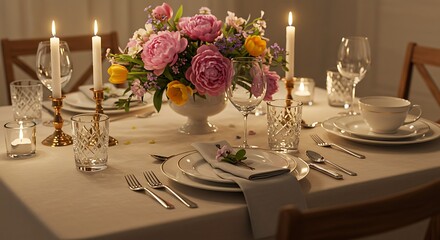 A beautifully set table with flowers candles and elegant glassware creating a warm and inviting ambiance