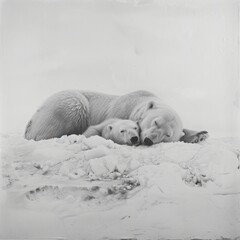 Obraz premium Polar bear with her cub resting in snow bank. Canadian Arctic 