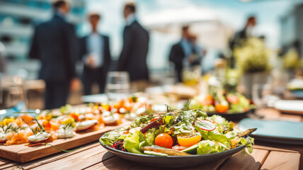 Outdoor buffet table with fresh salads and appetizers. Guests mingle in the background. Perfect for a social gathering.