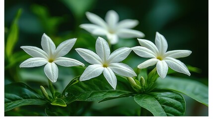 White flowers bloom in lush greenery