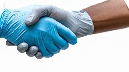 Handshake between two individuals wearing blue and gray surgical gloves representing collaboration and medical safety