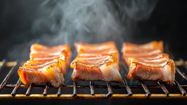 Grilling succulent bacon strips outdoor bbq event gourmet food photography smoky atmosphere close-up view
