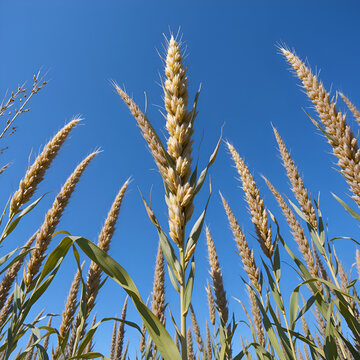Sorghum bicolor under the blue sky, commonly called sorghum, great millet, broomcorn, guinea corn, durra, imphee, jowar, or milo, is a species in the grass genus  Sorghum cultivated for its grain.