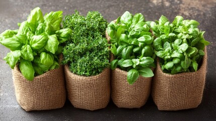 Naklejka premium Fresh Basil Thyme Herbs Planted In Burlap Pots