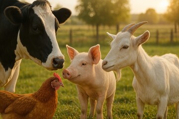 Farm animals in serene landscape.