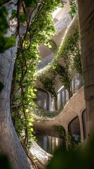 Obraz premium Lush greenery thrives within a modern, organic architecture's curving interior.