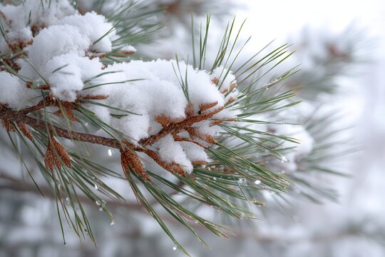 Close-up of snow-covered pine branch with glistening water droplets on needles.