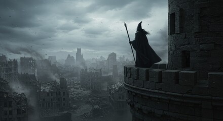 The Sorcerer’s Return – A sinister mage atop a tower, gazing over a ruined city.