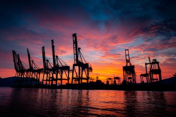 Obraz premium Dramatic sunset paints the sky above a bustling port filled with towering cranes and cargo.