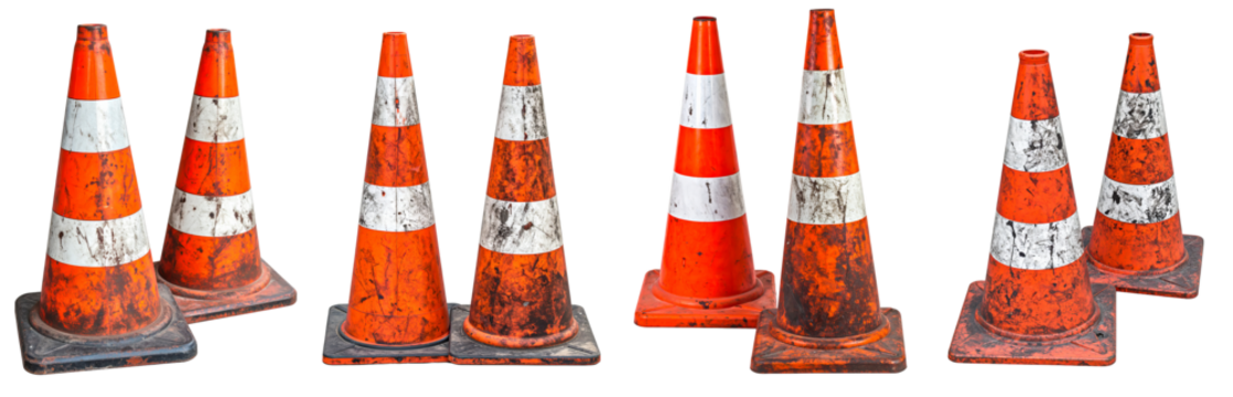 Group of Orange and White Striped Traffic Cones on a Transparent Background for Road Safety and Construction