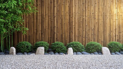 A Zen garden with a bamboo fence, gravel, and minimalist stone arrangements.