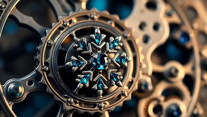 Fototapeta premium Steampunk Clockwork Gear with Blue Crystal Snowflake