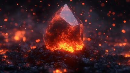 3D molten crystal with ember glow on dark obsidian base surrounded by fiery particles