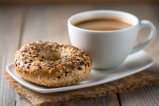 Delicious multi-seed bagel with hot coffee on wooden table setting.