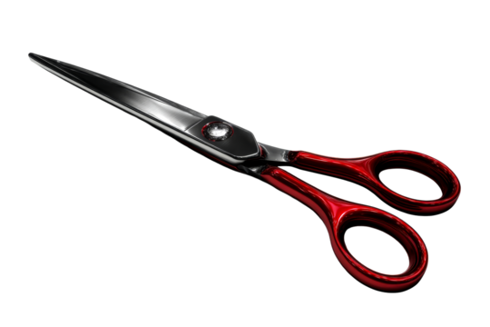 Sharp scissors with red handles on transparent background