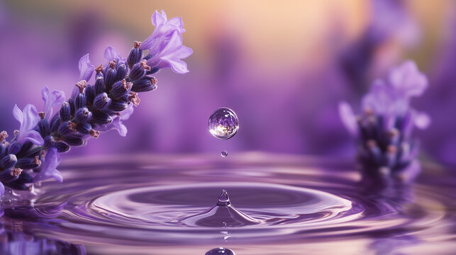 Clear water droplet swirl ripple surface with blooming lavender close-up on blur flowers background.