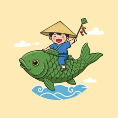 Vector Art of Japan Children’s Day Parade with Flags and Kimono-Clad Kids